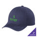 A blue denim dad cap with green text on the front.