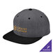 A dark heather grey and black 6-panel flat bill snapback cap with gold text on the front.