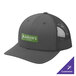 A grey Sport-Tek trucker cap with a green and white logo on the front.