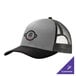 A grey, black, and grey steel Port Authority trucker cap with a logo on it.