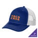 A blue and white Port Authority trucker cap with orange text on the front.