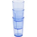 A stack of blue plastic Cambro tumblers.