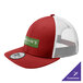 A red and white structured trucker cap with mesh back.
