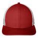 A scarlet and white New Era 6-panel trucker cap with mesh back.