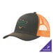 A black and orange Port Authority trucker cap with text on it.