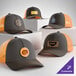 A group of customizable grey steel and neon orange 6-panel trucker caps with mesh backs, displayed on white platforms.