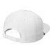 A white 5-panel cap with a black logo.