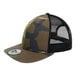 A New Era camo trucker cap with black mesh.