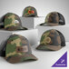 A collection of customizable camo and black 6-panel trucker caps with mesh backs and various logo patches.
