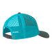 A grey and blue trucker hat with mesh back.