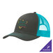 A grey and neon blue Port Authority trucker cap with mesh back.