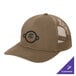 A brown Port Authority Woodland Brown trucker cap with a logo on the front.