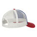 A close-up of a red, white, and blue Port Authority trucker cap.