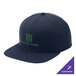 A navy blue 6-panel snapback hat with green text.