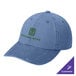 A steel blue Port Authority dad cap with green text that says "Divine Wine."