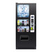 A black cold drink vending machine with a credit card payment system and ten beverage selections.