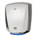 A silver and blue Bradley Aerix+ stainless steel hand dryer.