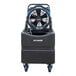 An XPOWER portable black and blue air circulator fan with a water pump and large reservoir tank on a black cart.