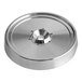 A round silver water spout support with a hole.