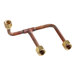 A copper pipe with two brass fittings and a nut.