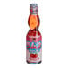 A close up of a bottle of Hana Ramune strawberry soda.