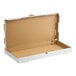 A large, plain white corrugated bakery box with an open lid.