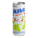 A close-up of a Milkis Apple Milk Soda can with a white label.