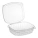 A clear square Good Natured PLA clamshell container with a lid.