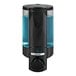 A black Dispenser Amenities Aviva wall mounted soap dispenser with a translucent bottle filled with blue liquid.