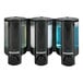 A group of black Dispenser Amenities Aviva soap dispensers with clear bottles.