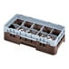 A brown and light blue plastic half-size glass rack with 10 compartments and one extender.
