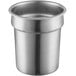 A silver metal cup with a lid on a white background.