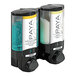 A black Aviva wall mounted soap dispenser with two translucent bottles.