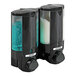 A black Dispenser Amenities Aviva 2-chamber wall-mounted soap dispenser with blue liquid in the chambers.