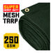 A roll of green heavy-duty mesh tarp with reinforced edges.