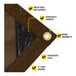 A close up of Core brown heavy-duty weatherproof mesh tarp fabric with a white label.