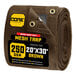 A roll of brown mesh tarp with Core Tarps label.