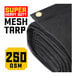 A roll of black heavy-duty mesh tarp with reinforced edges.