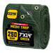 A rolled green Core mesh tarp with reinforced edges.