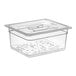 A clear plastic Choice 1/2 Size food pan with a lid and drain tray.