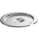 A stainless steel slotted lid for a circular bowl.