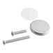 A stainless steel screw and cover for a round metal object.