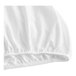 A close up of a white cloth fitted sheet with a ruffled edge.