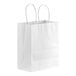 A close-up of a white Duro paper shopping bag with handles.