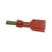 A red plastic connector with green and yellow striped wires on a white background.