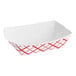 A white rectangular paper food container with a red checkered design.