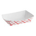 A white paper food tray with a red checkered design.