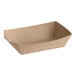 A brown rectangle shaped Southern Champion paper food tray with a curved edge.