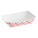 A white paper food tray with a red checkered design.