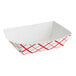 A white rectangular paper food tray with a red checkered pattern.